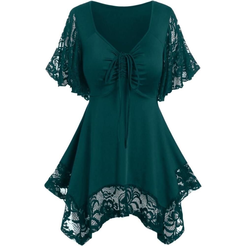 image:imageROSE GAL Womens Plus Size Flower Lace TShirt Curve Flower Lace Insert Criss Cross Batwing Sleeve Handkerchief TopPeacock Blue