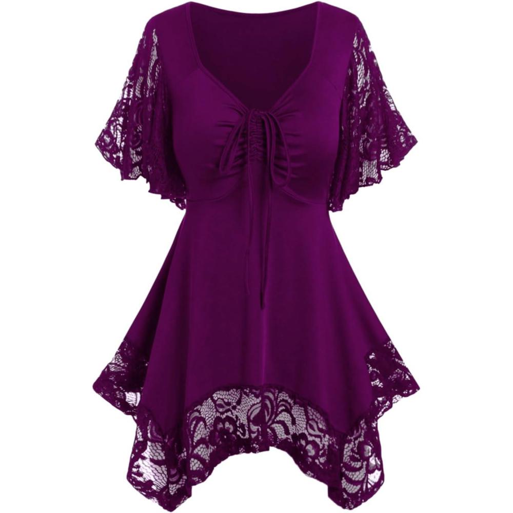 image:imageROSE GAL Womens Plus Size Flower Lace TShirt Curve Flower Lace Insert Criss Cross Batwing Sleeve Handkerchief TopPurple