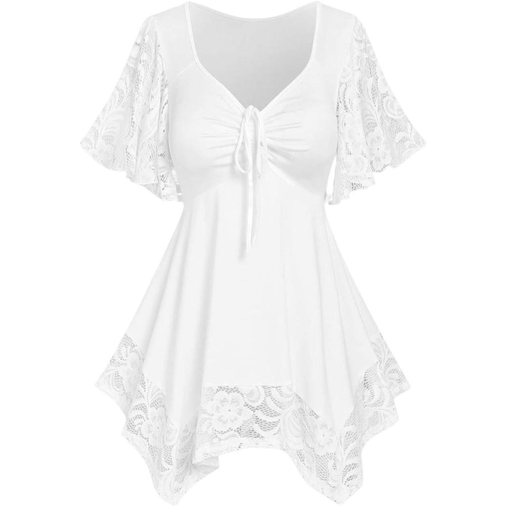 image:imageROSE GAL Womens Plus Size Flower Lace TShirt Curve Flower Lace Insert Criss Cross Batwing Sleeve Handkerchief TopWhite