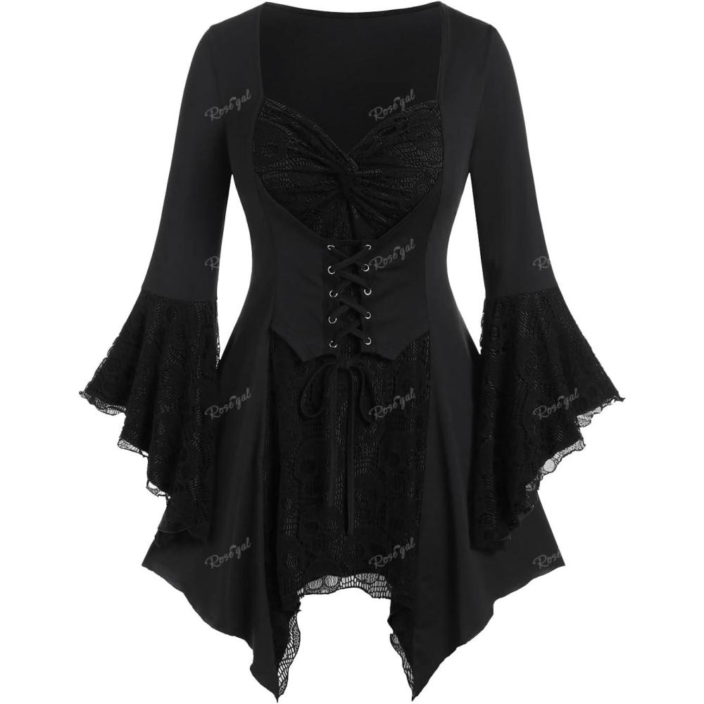 image:imageROSE GAL Womens Plus Size Gothic Bell Sleeve Skull Lace Handkerchief TeeBlack100