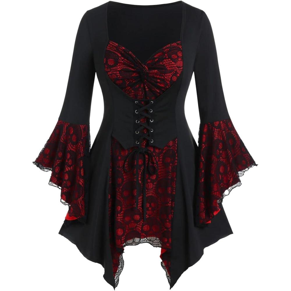 image:imageROSE GAL Womens Plus Size Gothic Bell Sleeve Skull Lace Handkerchief TeeBlack15