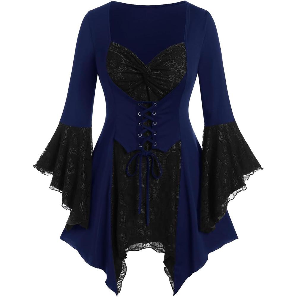 image:imageROSE GAL Womens Plus Size Gothic Bell Sleeve Skull Lace Handkerchief TeeBlue1