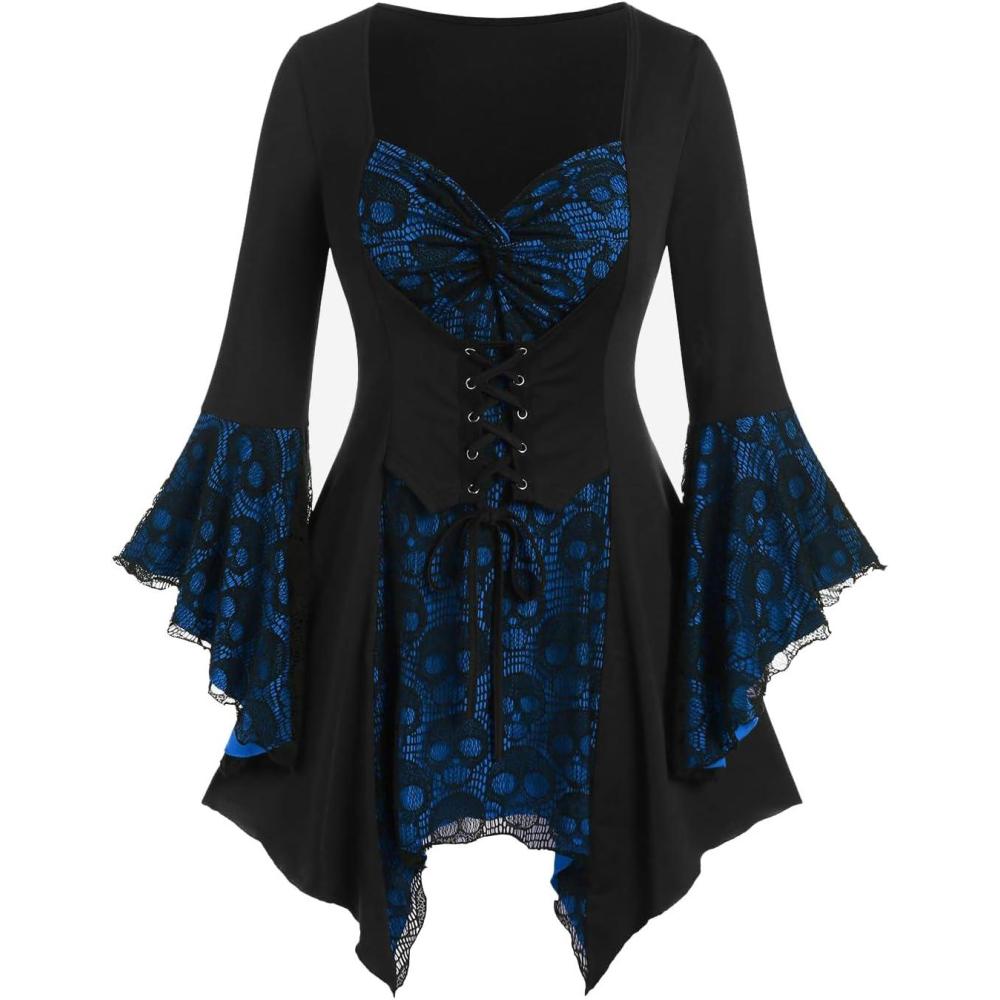 image:imageROSE GAL Womens Plus Size Gothic Bell Sleeve Skull Lace Handkerchief TeeBlue2