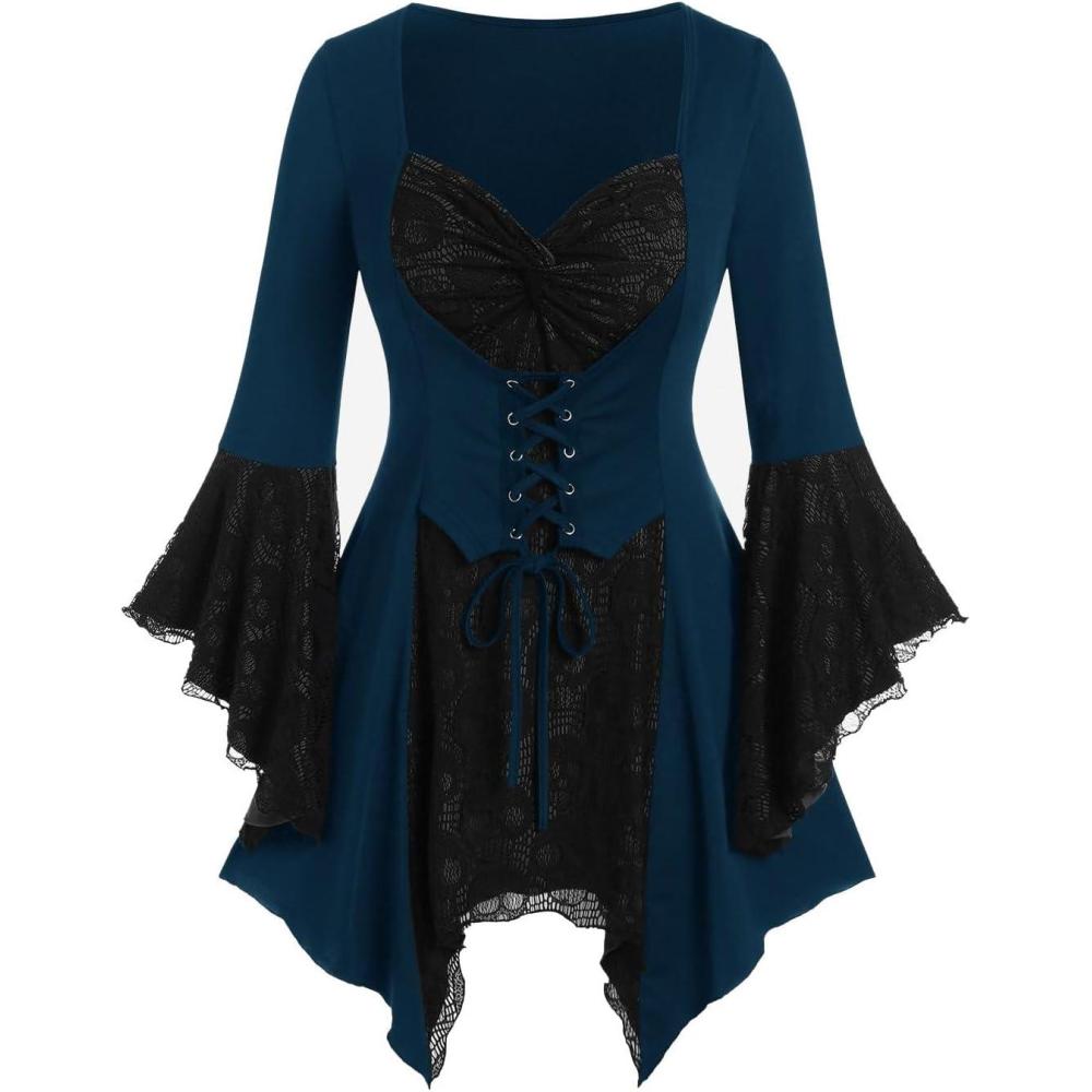 image:imageROSE GAL Womens Plus Size Gothic Bell Sleeve Skull Lace Handkerchief TeeBlue3