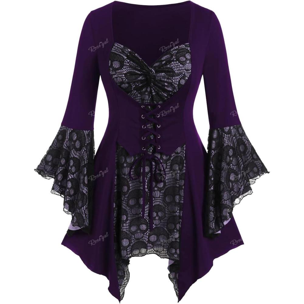 image:imageROSE GAL Womens Plus Size Gothic Bell Sleeve Skull Lace Handkerchief TeeConcord100