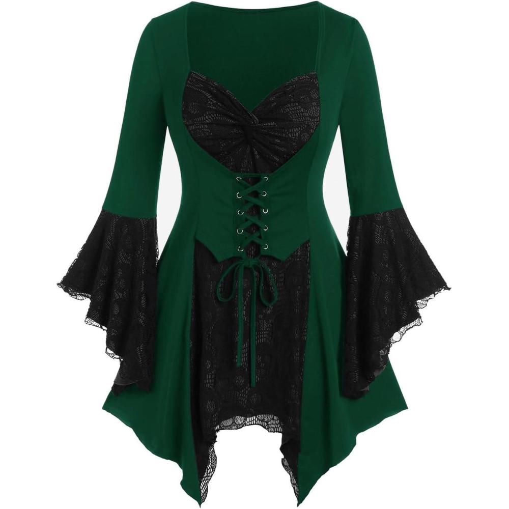 image:imageROSE GAL Womens Plus Size Gothic Bell Sleeve Skull Lace Handkerchief TeeGreen2
