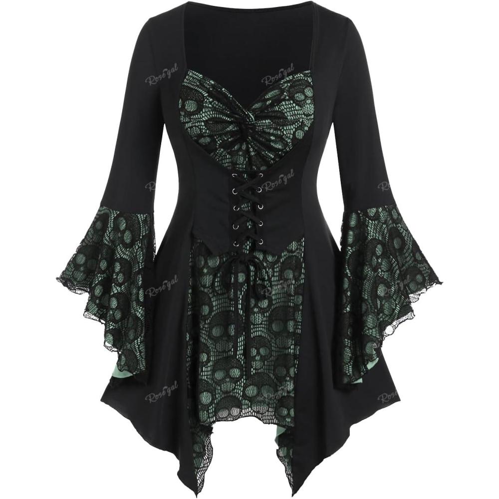 image:imageROSE GAL Womens Plus Size Gothic Bell Sleeve Skull Lace Handkerchief TeeLight Gree100