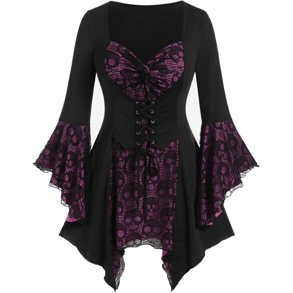 image:imageROSE GAL Womens Plus Size Gothic Bell Sleeve Skull Lace Handkerchief TeePink1