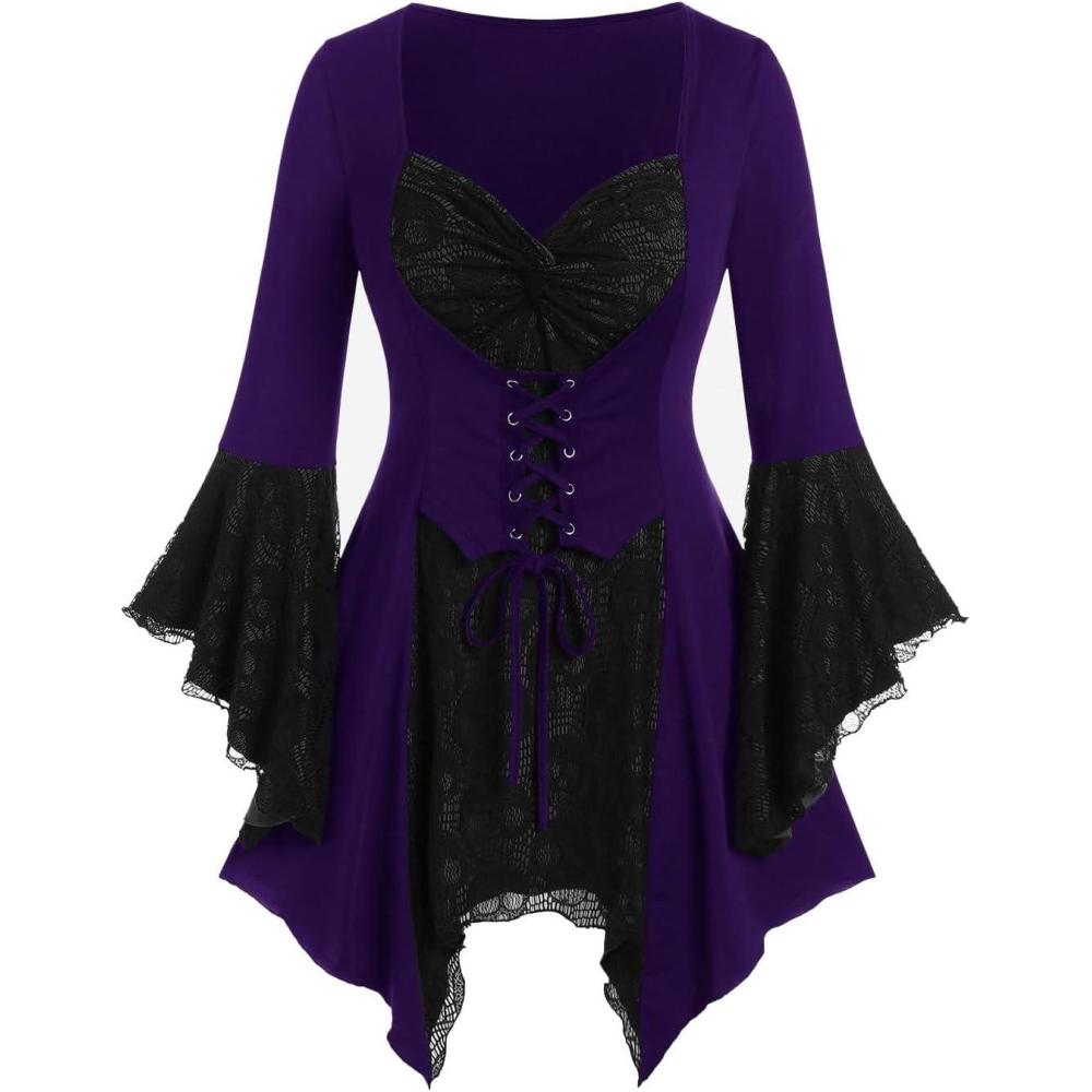 image:imageROSE GAL Womens Plus Size Gothic Bell Sleeve Skull Lace Handkerchief TeePurple1