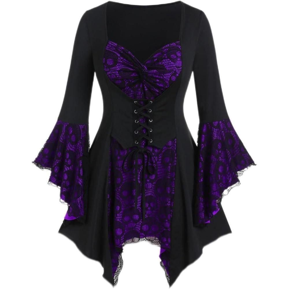 image:imageROSE GAL Womens Plus Size Gothic Bell Sleeve Skull Lace Handkerchief TeePurple100