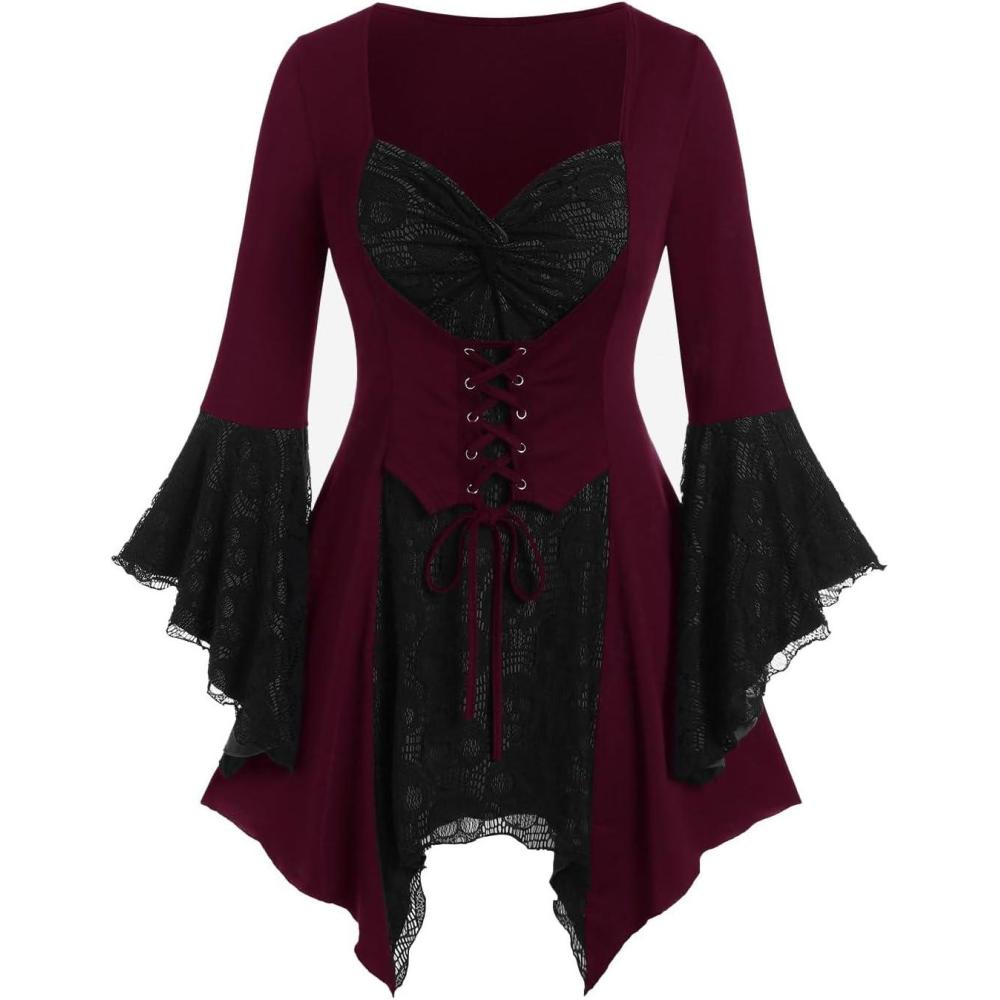 image:imageROSE GAL Womens Plus Size Gothic Bell Sleeve Skull Lace Handkerchief TeeRed2