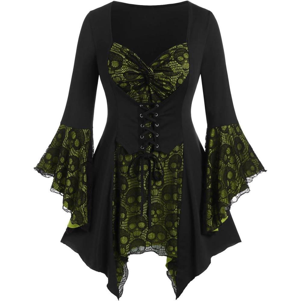 image:imageROSE GAL Womens Plus Size Gothic Bell Sleeve Skull Lace Handkerchief TeeYellow1