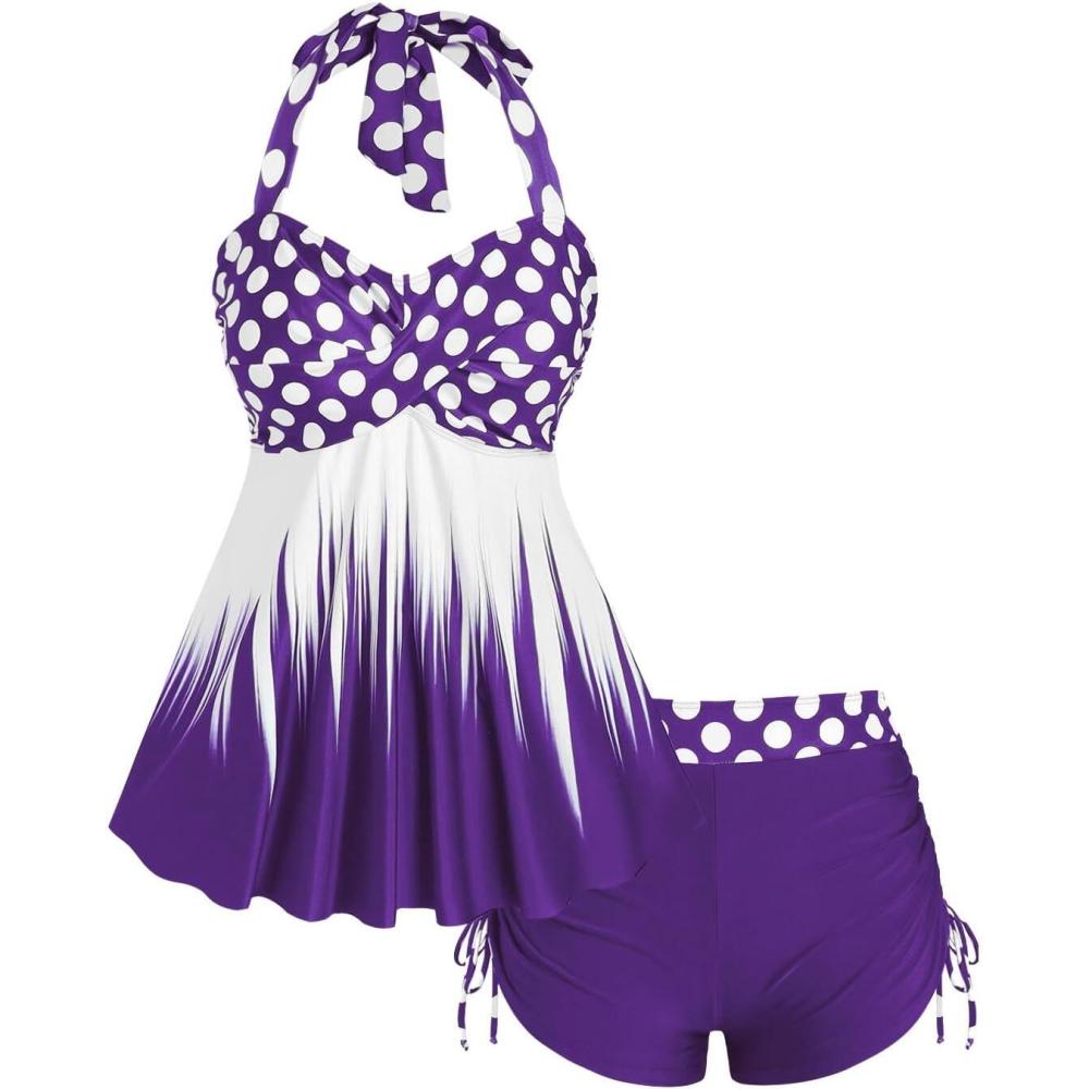 image:imageROSE GAL Womens Plus Size Polka Dot Halter Twist Cinched Ruched Boyshorts Tankini SwimwearPurple1