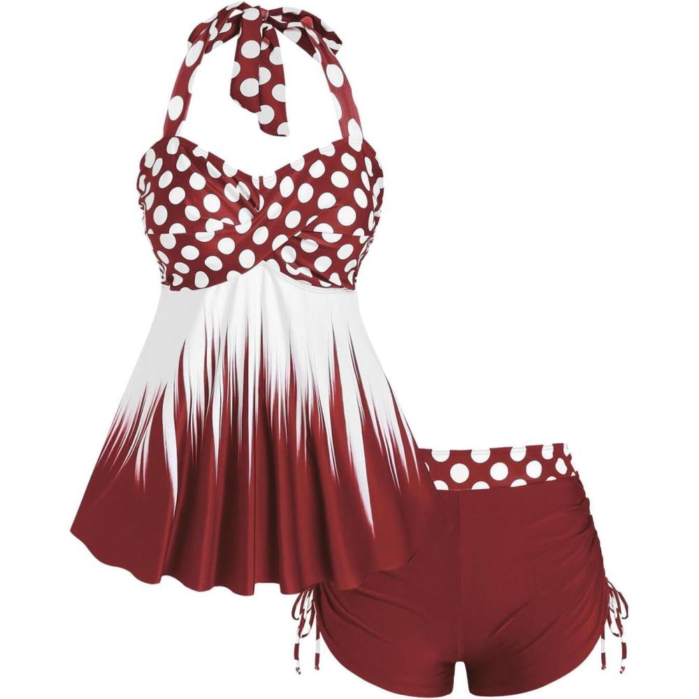 image:imageROSE GAL Womens Plus Size Polka Dot Halter Twist Cinched Ruched Boyshorts Tankini SwimwearRed1