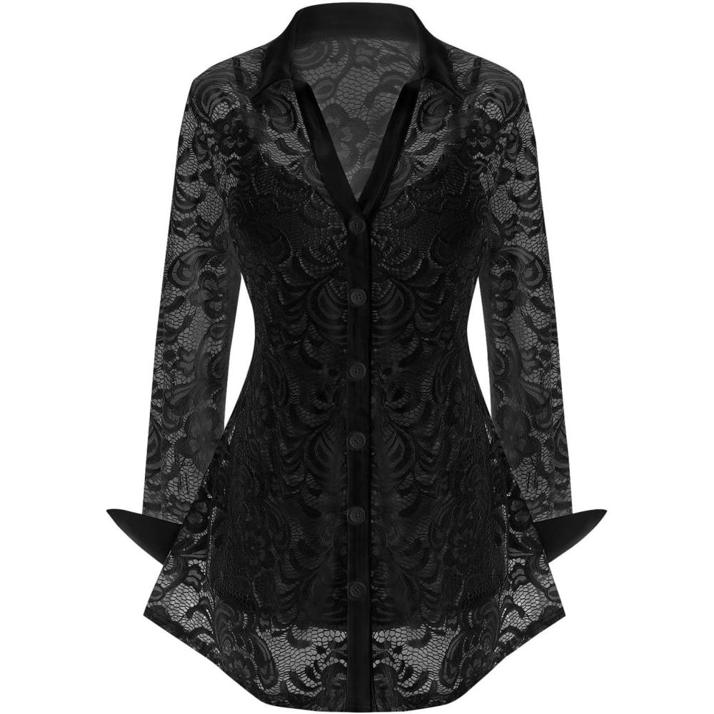 image:imageROSE GAL Womens Plus Size Sheer Lace Button Front Long Sleeve Blouse and Cami Top TwinsetBlack