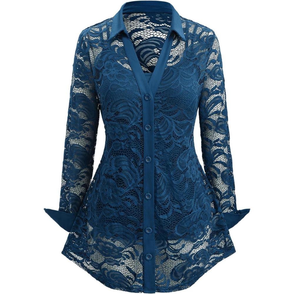 image:imageROSE GAL Womens Plus Size Sheer Lace Button Front Long Sleeve Blouse and Cami Top TwinsetBlue