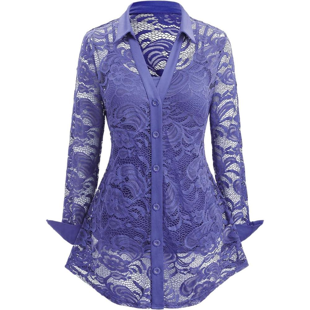 image:imageROSE GAL Womens Plus Size Sheer Lace Button Front Long Sleeve Blouse and Cami Top TwinsetBlue1