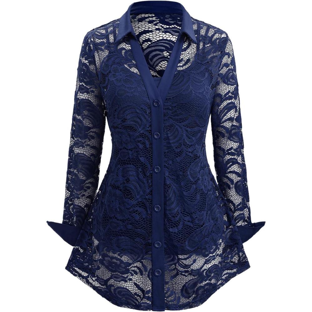 image:imageROSE GAL Womens Plus Size Sheer Lace Button Front Long Sleeve Blouse and Cami Top TwinsetDeep Blue