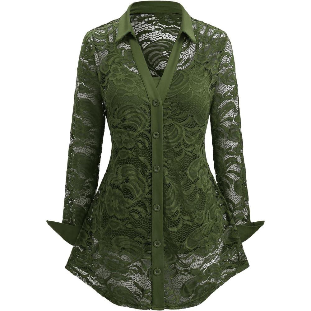 image:imageROSE GAL Womens Plus Size Sheer Lace Button Front Long Sleeve Blouse and Cami Top TwinsetDeep Green