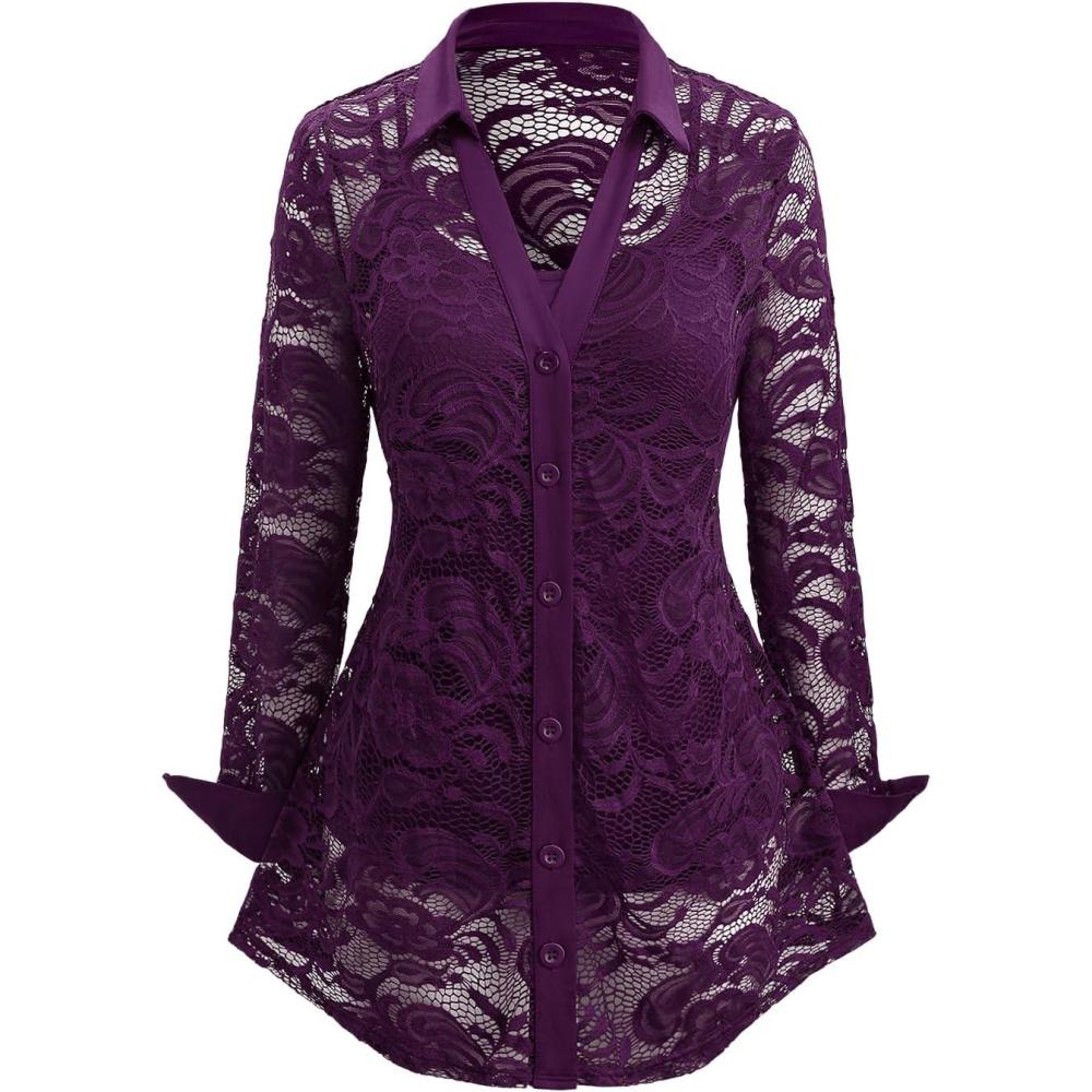 image:imageROSE GAL Womens Plus Size Sheer Lace Button Front Long Sleeve Blouse and Cami Top TwinsetDeep Purple
