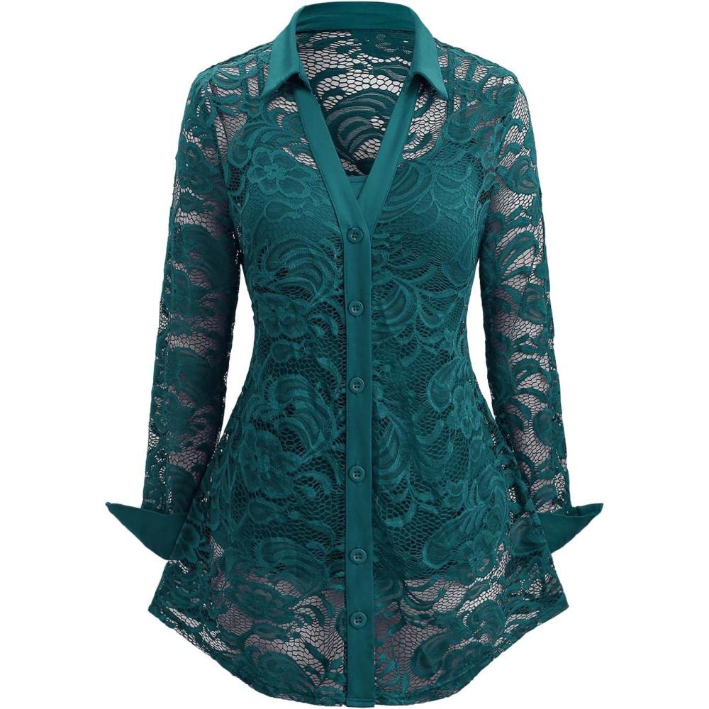 image:imageROSE GAL Womens Plus Size Sheer Lace Button Front Long Sleeve Blouse and Cami Top TwinsetGreen
