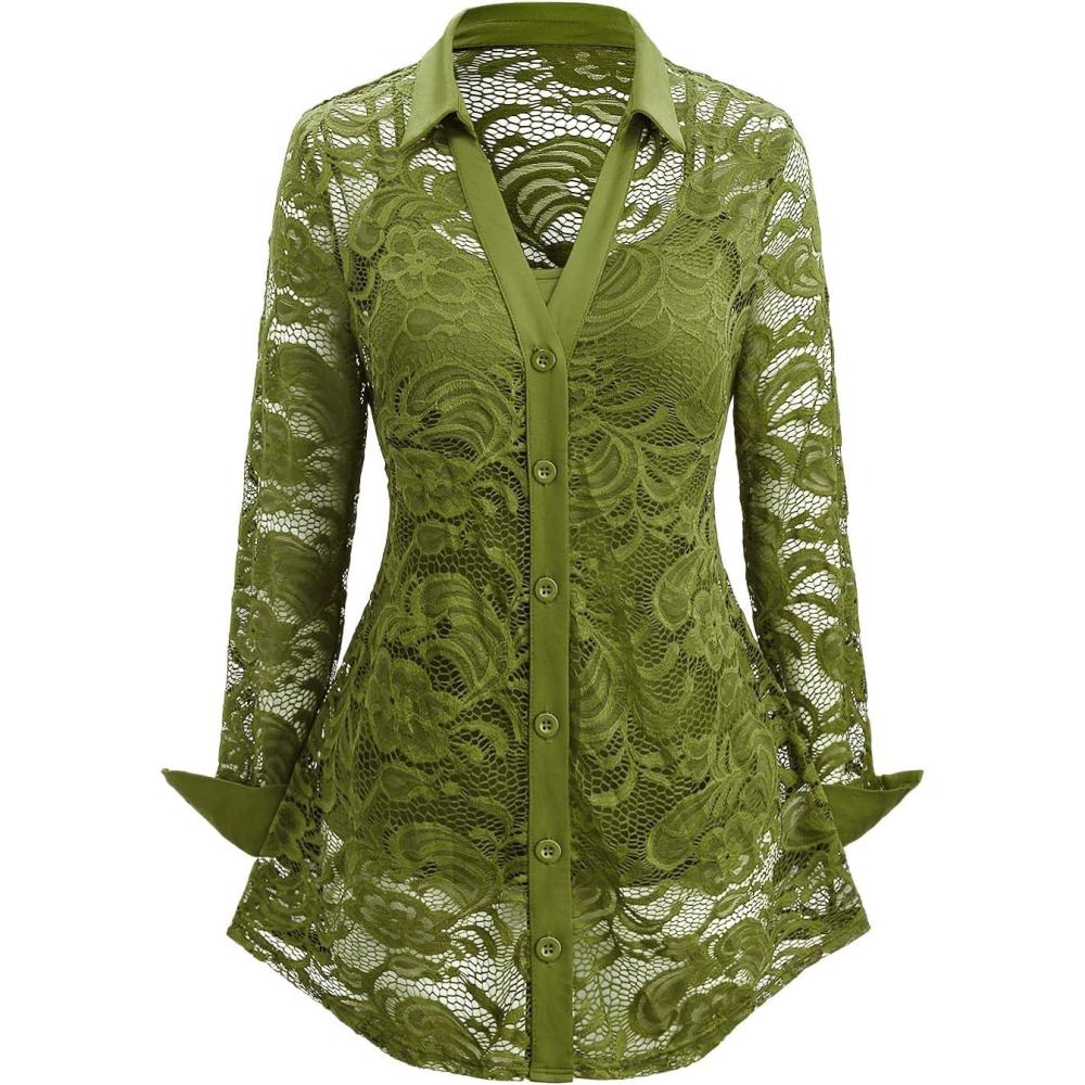 image:imageROSE GAL Womens Plus Size Sheer Lace Button Front Long Sleeve Blouse and Cami Top TwinsetGreen1