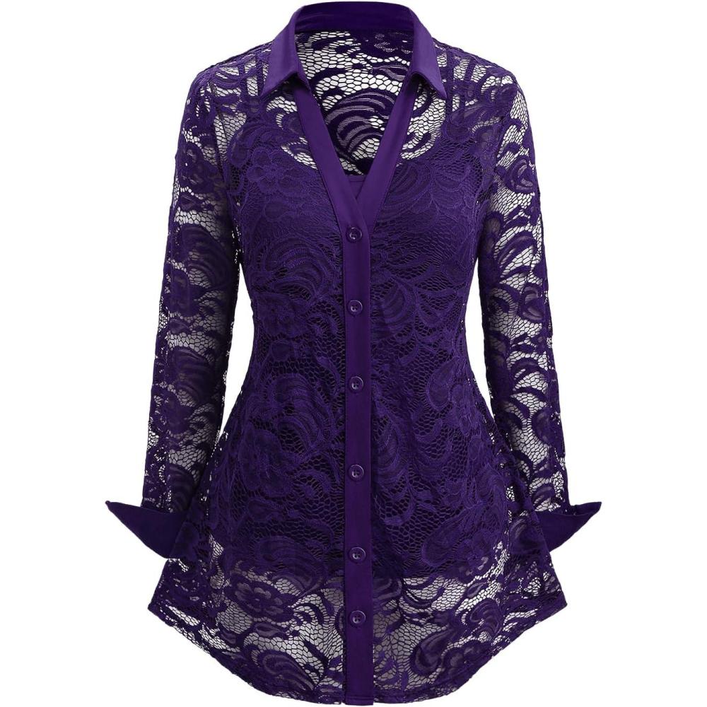 image:imageROSE GAL Womens Plus Size Sheer Lace Button Front Long Sleeve Blouse and Cami Top TwinsetPurple