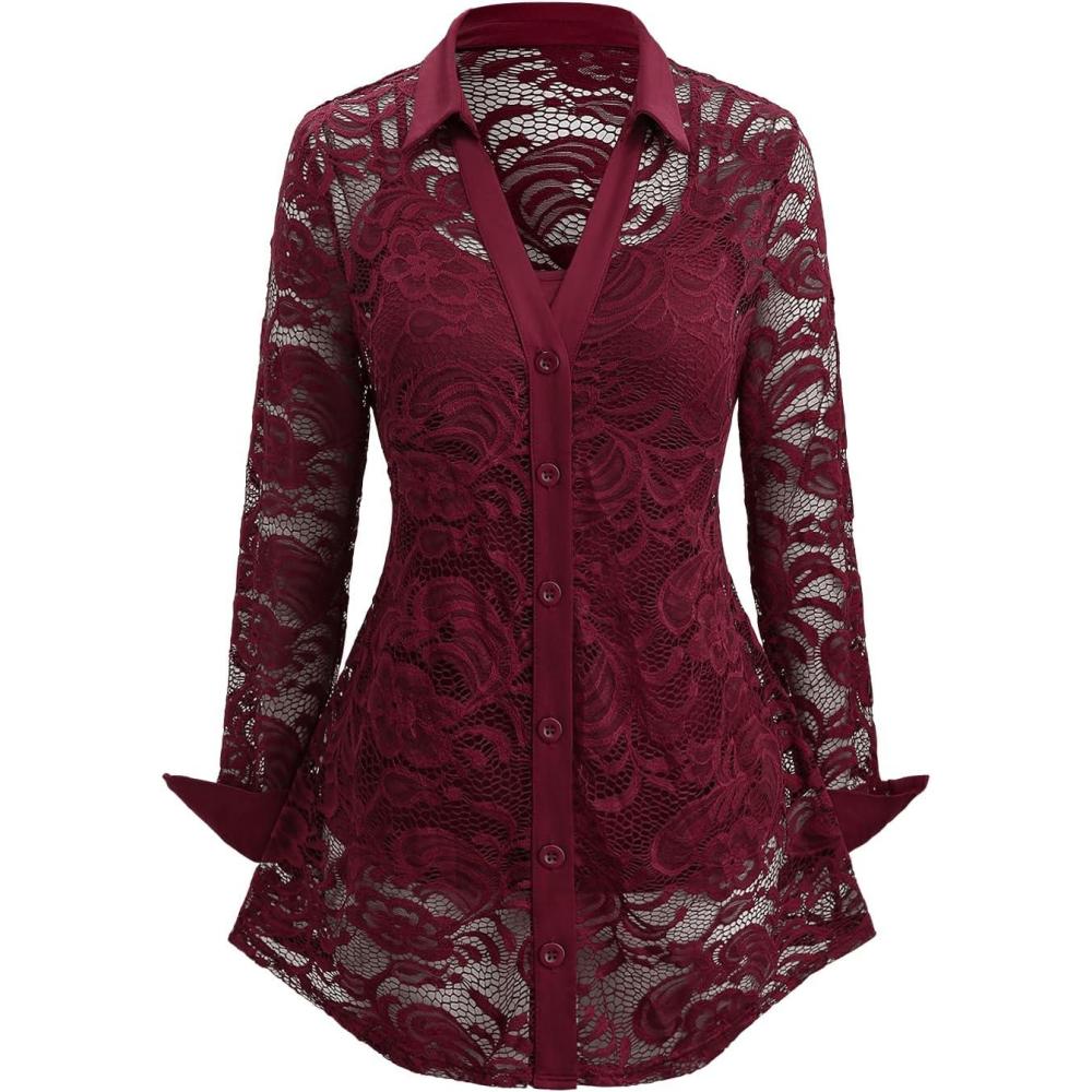 image:imageROSE GAL Womens Plus Size Sheer Lace Button Front Long Sleeve Blouse and Cami Top TwinsetRed