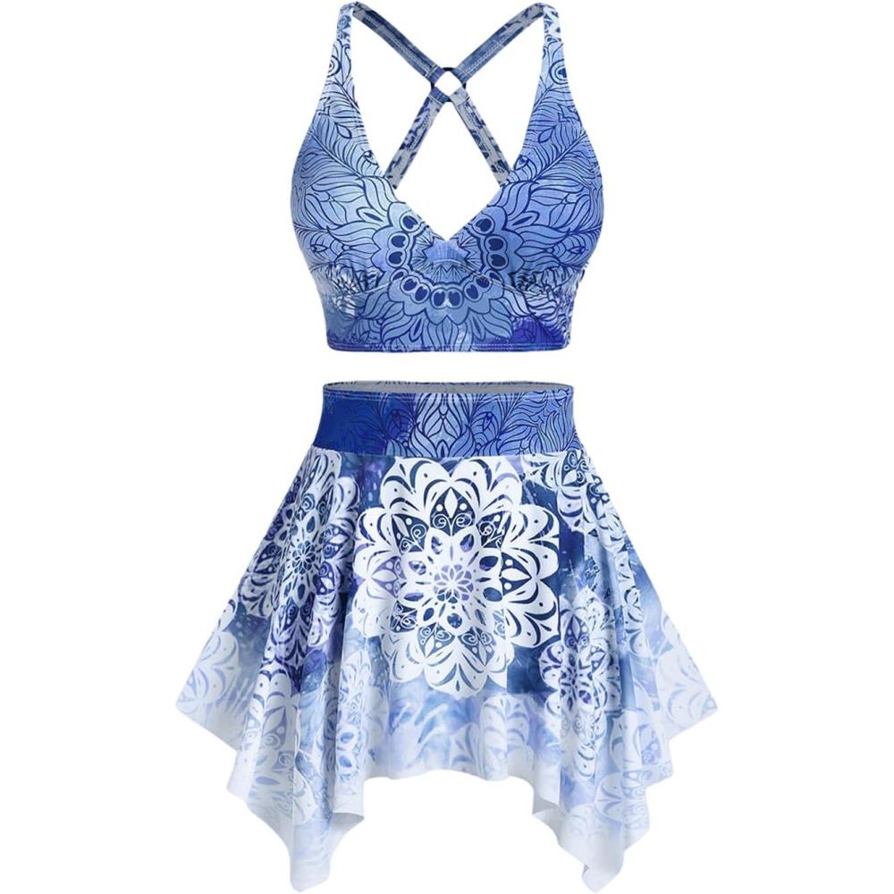 image:imageRosegal Plus Size Ethnic Printed Ombre ORing Padded Three Piece Skirt Tankini SwimsuitBlue