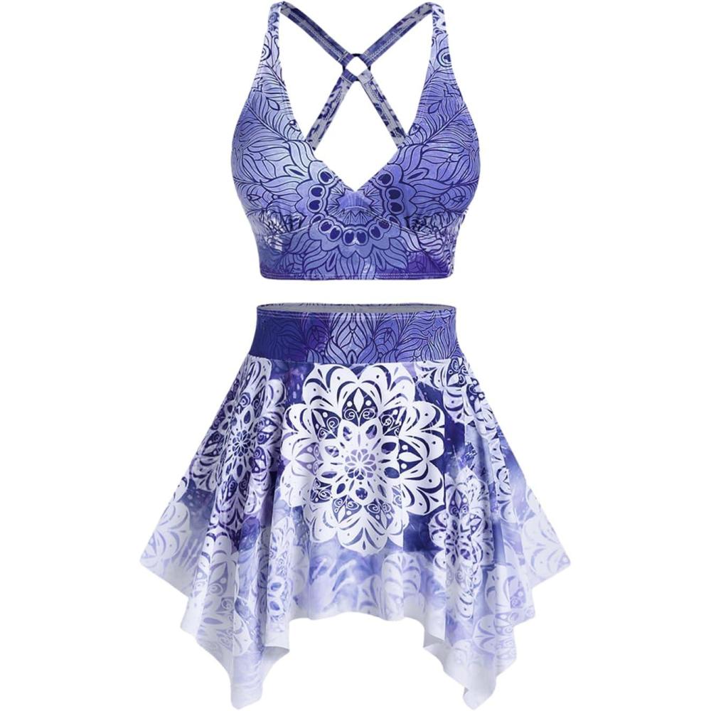 image:imageRosegal Plus Size Ethnic Printed Ombre ORing Padded Three Piece Skirt Tankini SwimsuitBlue1