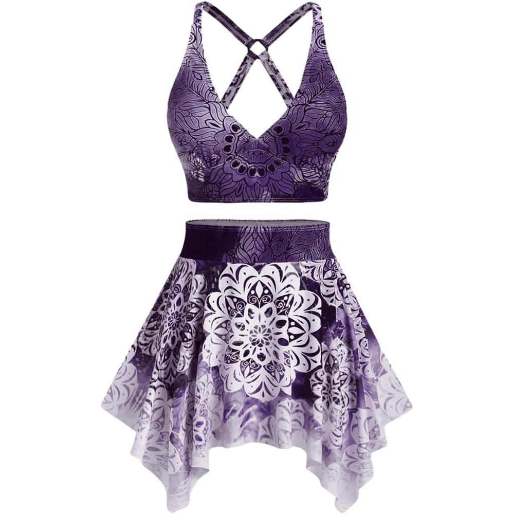 image:imageRosegal Plus Size Ethnic Printed Ombre ORing Padded Three Piece Skirt Tankini SwimsuitDeep Purple
