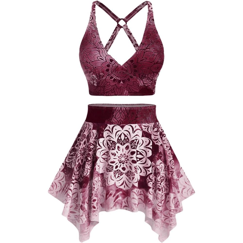 image:imageRosegal Plus Size Ethnic Printed Ombre ORing Padded Three Piece Skirt Tankini SwimsuitDeep Red