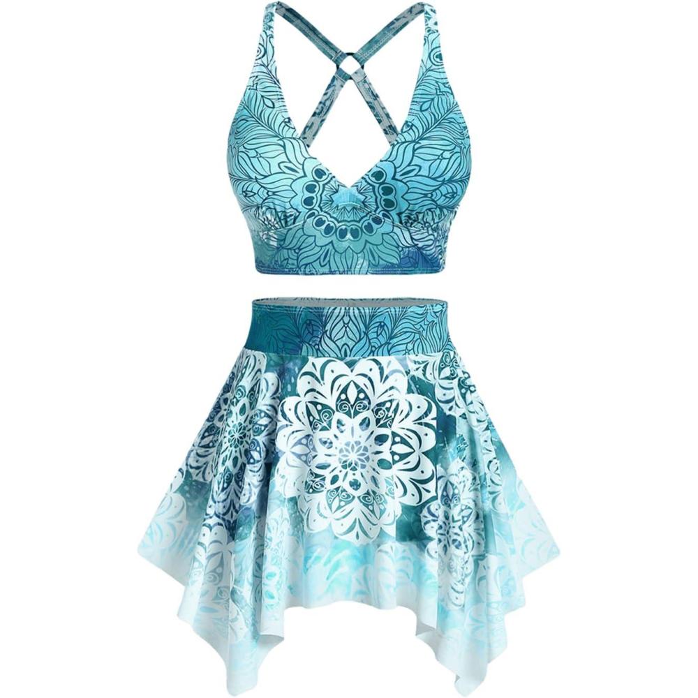 image:imageRosegal Plus Size Ethnic Printed Ombre ORing Padded Three Piece Skirt Tankini SwimsuitGreen