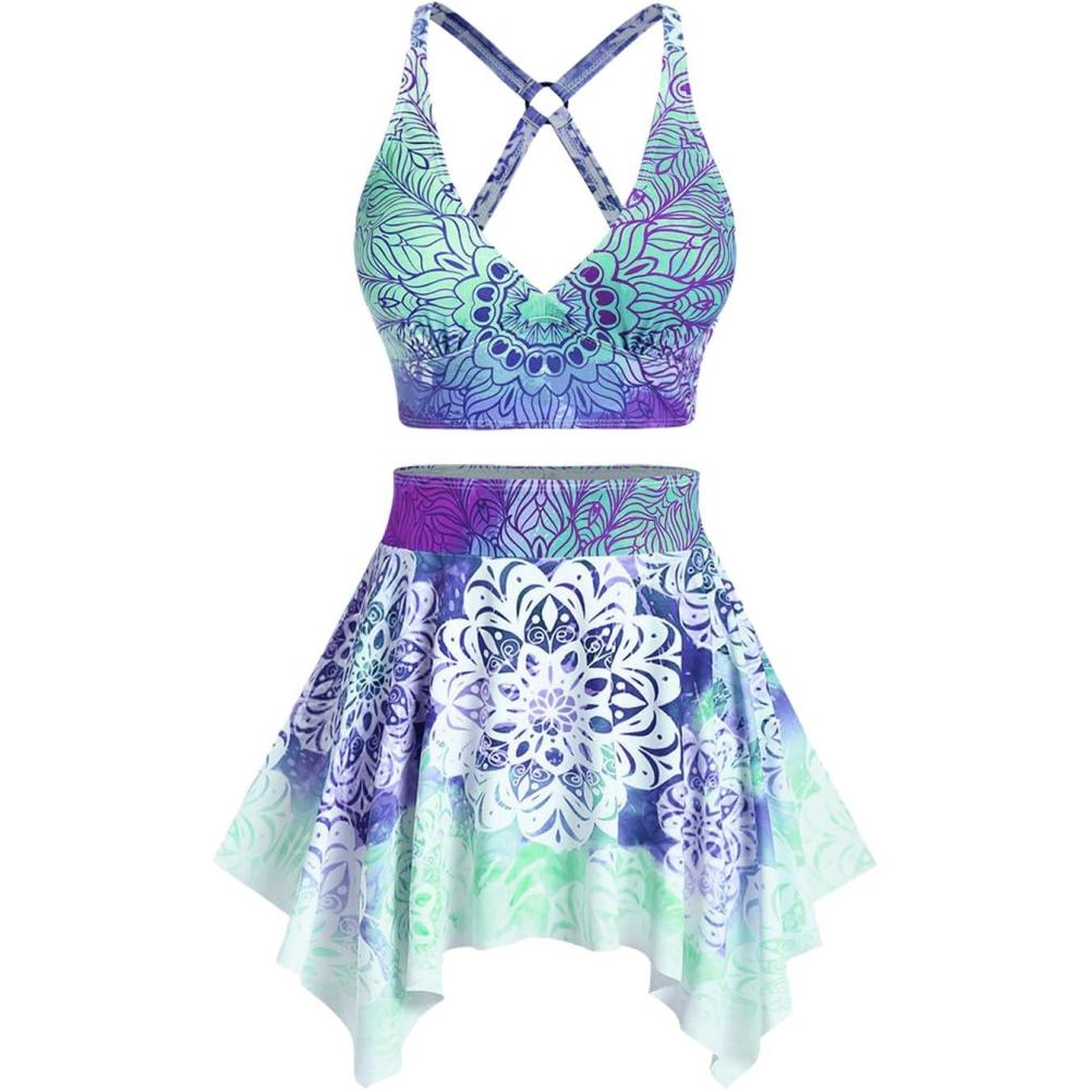 image:imageRosegal Plus Size Ethnic Printed Ombre ORing Padded Three Piece Skirt Tankini SwimsuitGreen1