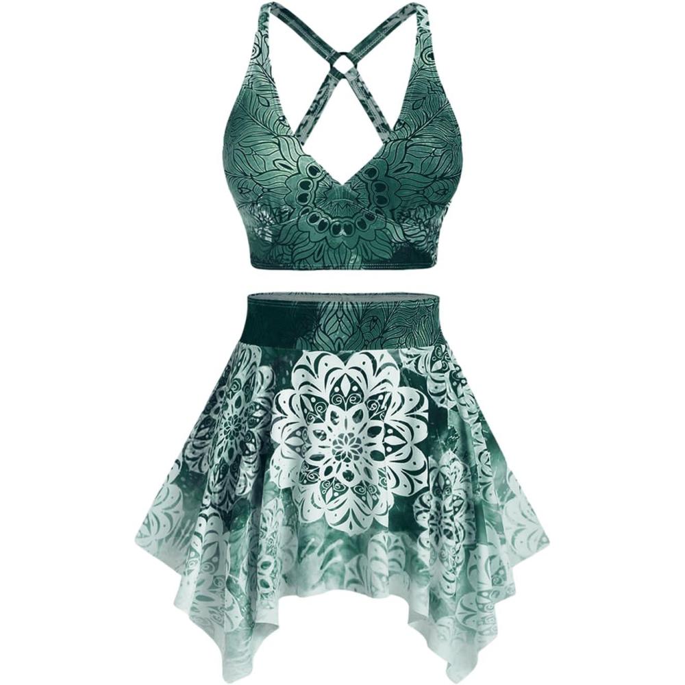 image:imageRosegal Plus Size Ethnic Printed Ombre ORing Padded Three Piece Skirt Tankini SwimsuitGreen3
