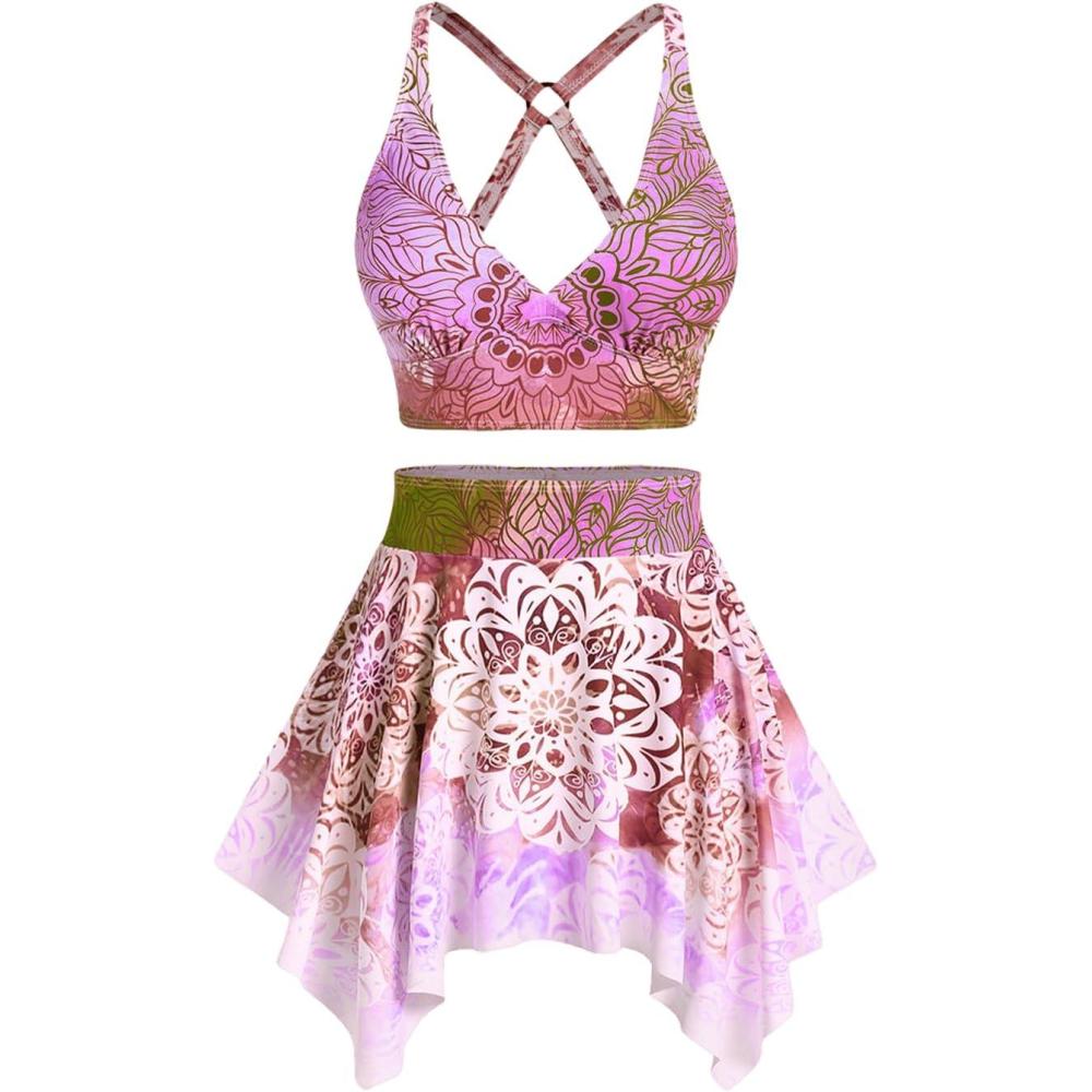 image:imageRosegal Plus Size Ethnic Printed Ombre ORing Padded Three Piece Skirt Tankini SwimsuitPink1