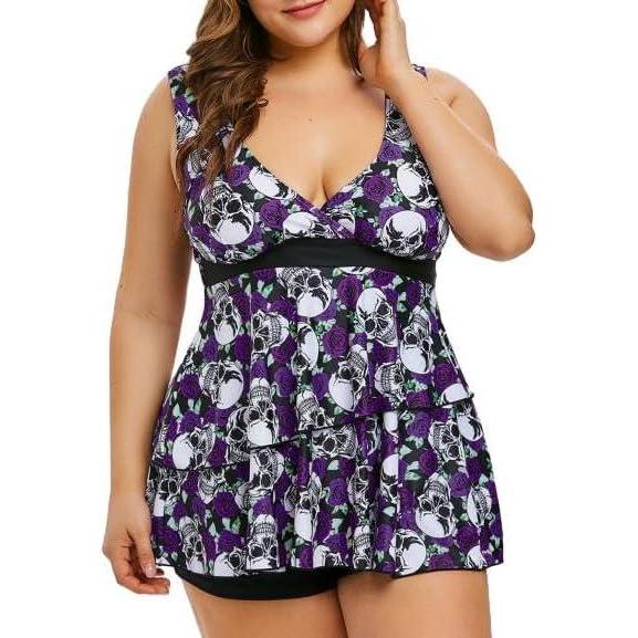 image:imageRosegal Plus Size Women 2 Piece Swimsuit Skull Rose Print Layered Tankini SwimwearPurple