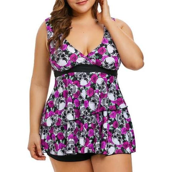 image:imageRosegal Plus Size Women 2 Piece Swimsuit Skull Rose Print Layered Tankini SwimwearRed