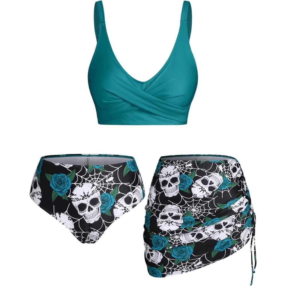 image:imageRosegal Plus Size Women 3 Piece Tankini Swimsuit Gothic Skull Rose Spider Web Print Twist Bathing SuitBlue