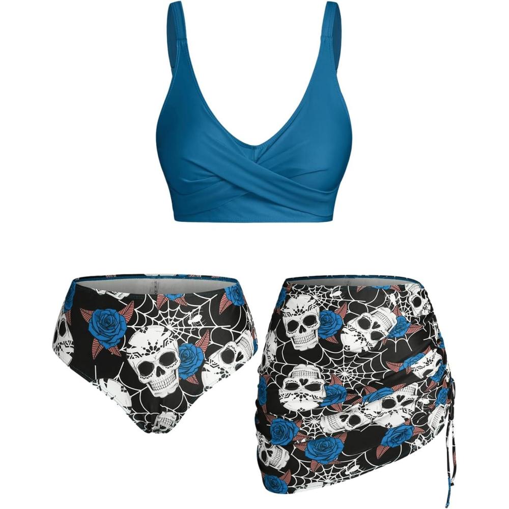 image:imageRosegal Plus Size Women 3 Piece Tankini Swimsuit Gothic Skull Rose Spider Web Print Twist Bathing SuitBlue1