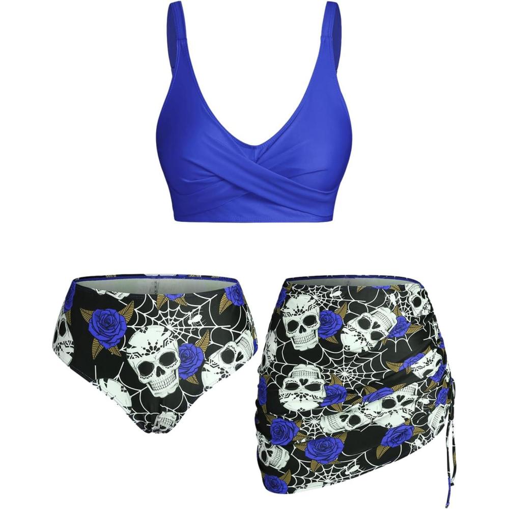 image:imageRosegal Plus Size Women 3 Piece Tankini Swimsuit Gothic Skull Rose Spider Web Print Twist Bathing SuitDeep Blue