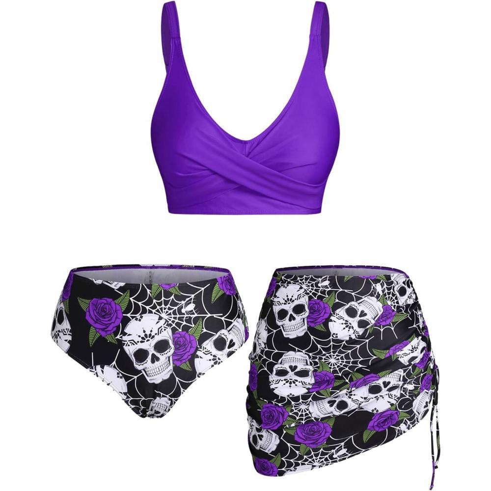 image:imageRosegal Plus Size Women 3 Piece Tankini Swimsuit Gothic Skull Rose Spider Web Print Twist Bathing SuitDeep Purple