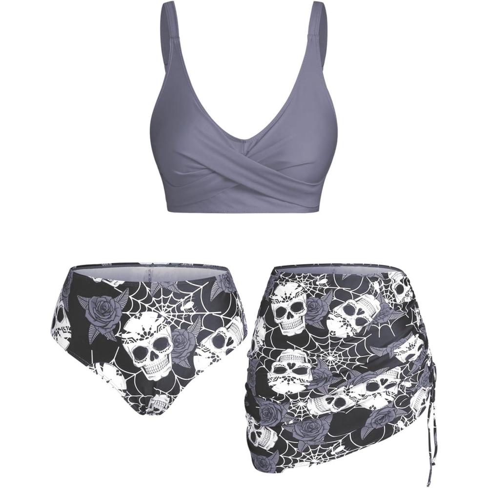 image:imageRosegal Plus Size Women 3 Piece Tankini Swimsuit Gothic Skull Rose Spider Web Print Twist Bathing SuitGray