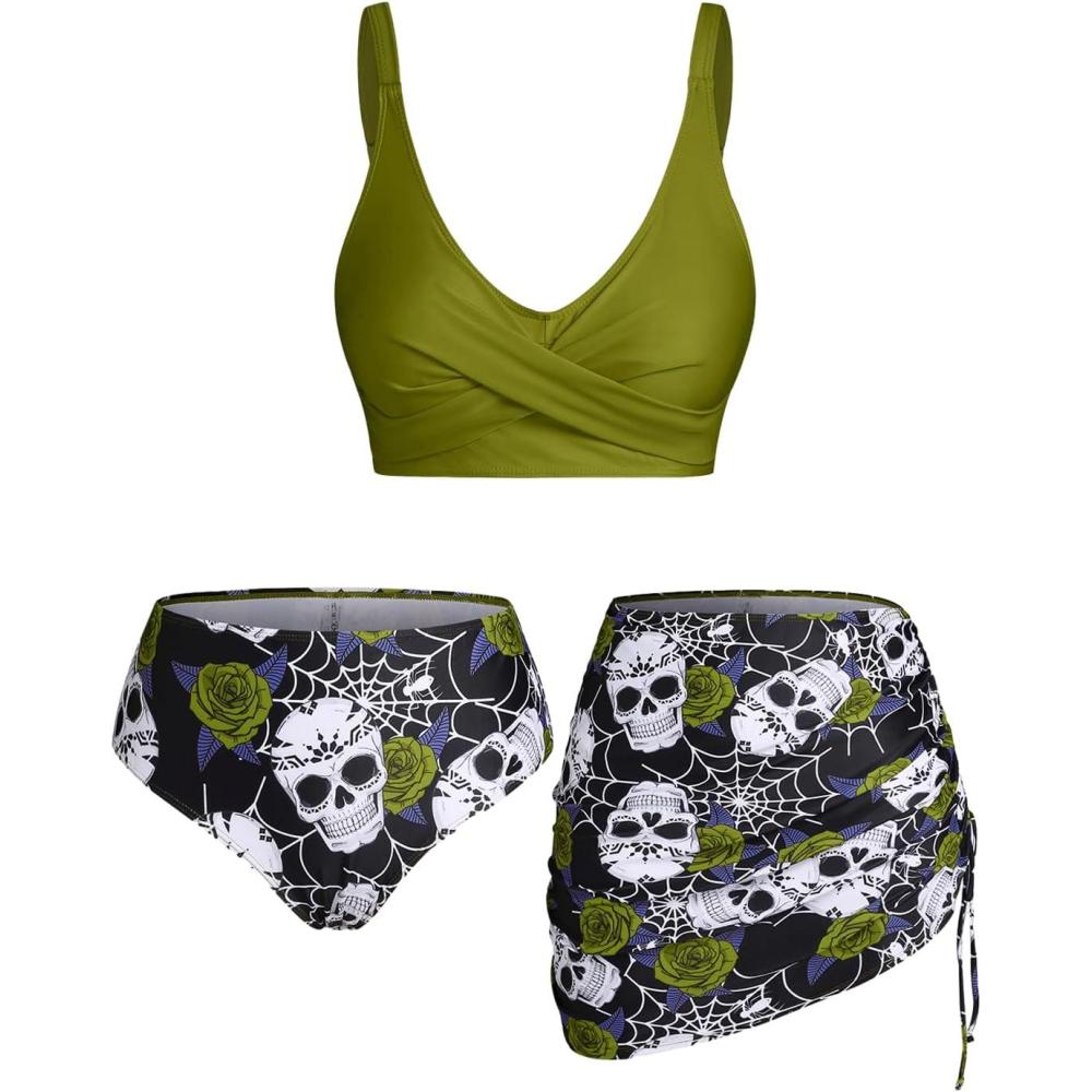 image:imageRosegal Plus Size Women 3 Piece Tankini Swimsuit Gothic Skull Rose Spider Web Print Twist Bathing SuitGreen