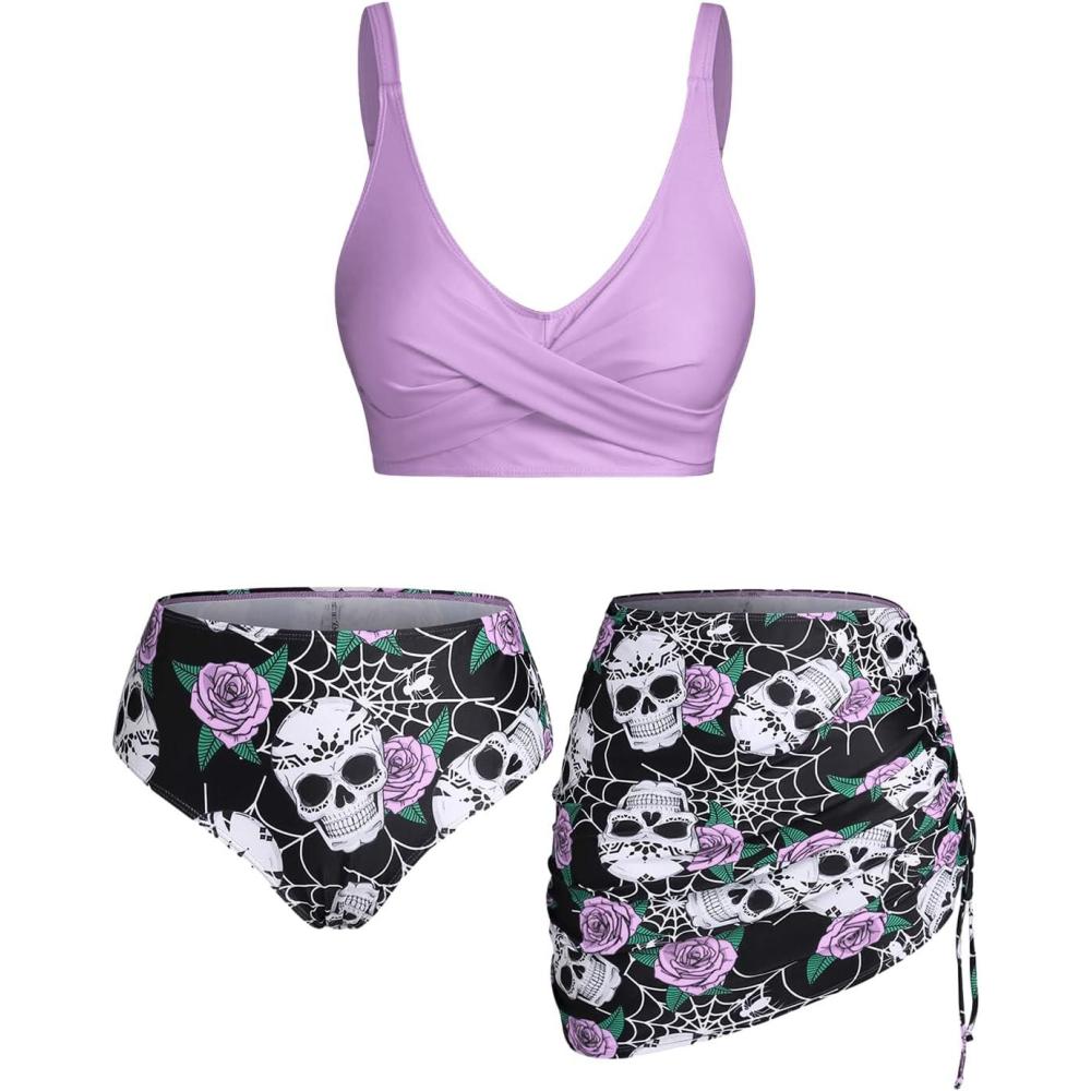 image:imageRosegal Plus Size Women 3 Piece Tankini Swimsuit Gothic Skull Rose Spider Web Print Twist Bathing SuitLight Purple