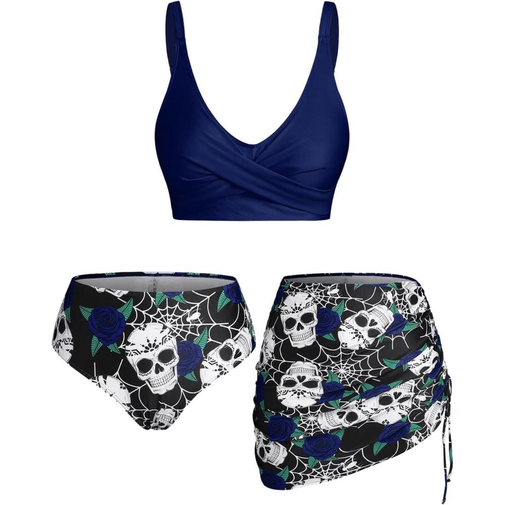 image:imageRosegal Plus Size Women 3 Piece Tankini Swimsuit Gothic Skull Rose Spider Web Print Twist Bathing SuitNavy Blue