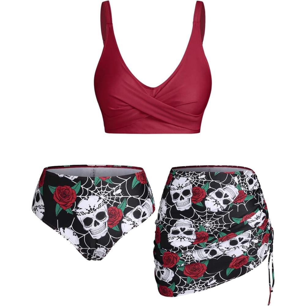 image:imageRosegal Plus Size Women 3 Piece Tankini Swimsuit Gothic Skull Rose Spider Web Print Twist Bathing SuitRed