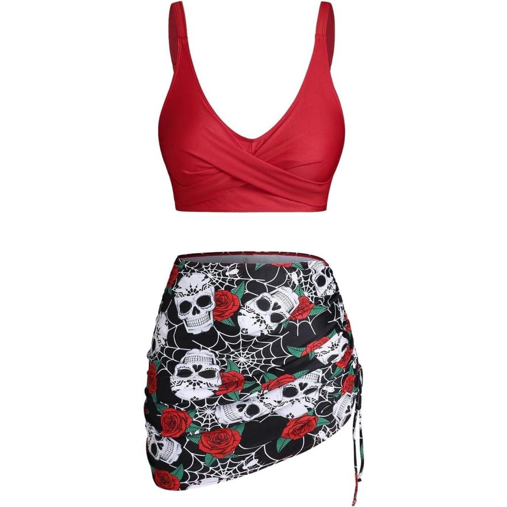image:imageRosegal Plus Size Women 3 Piece Tankini Swimsuit Gothic Skull Rose Spider Web Print Twist Bathing SuitRed2