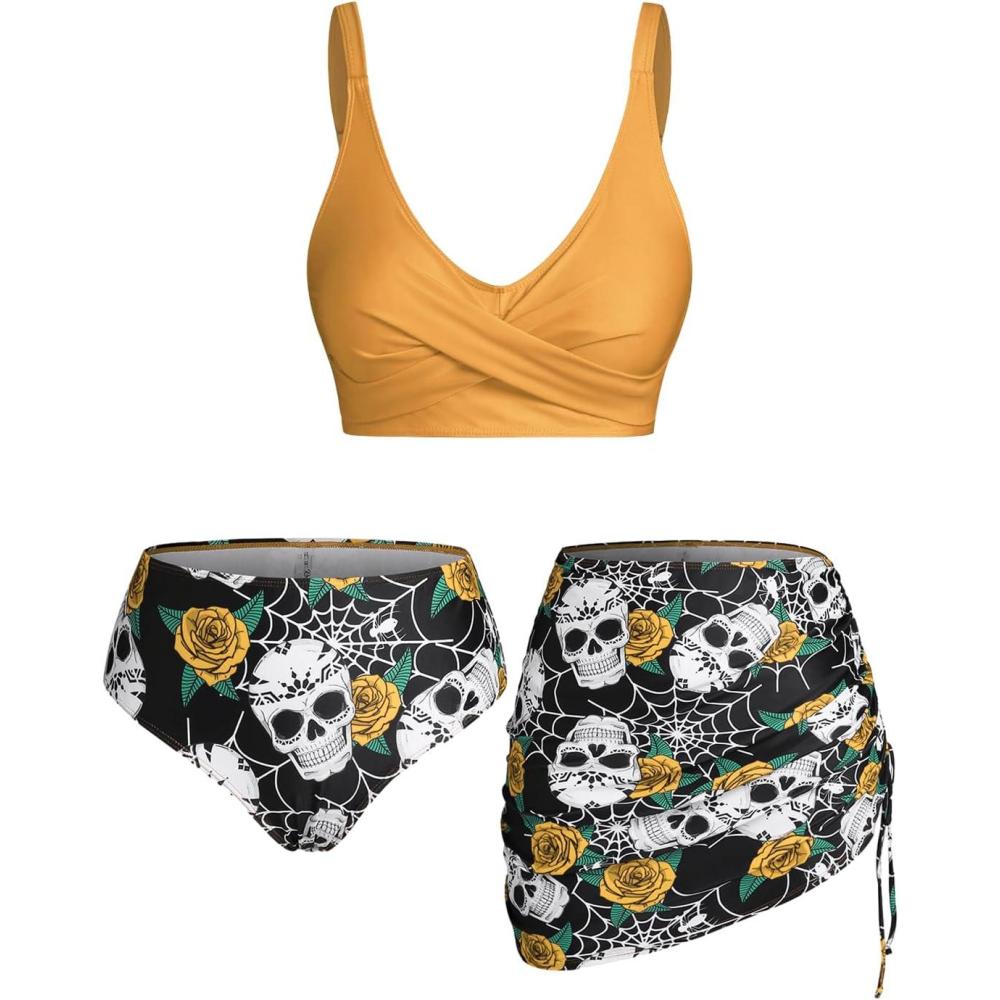 image:imageRosegal Plus Size Women 3 Piece Tankini Swimsuit Gothic Skull Rose Spider Web Print Twist Bathing SuitYellow