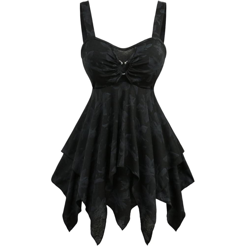 image:imageRosegal Women Plus Size Flowy Summer Floral Babydoll Tank Top Backless Layered HandkerchiefBlack1